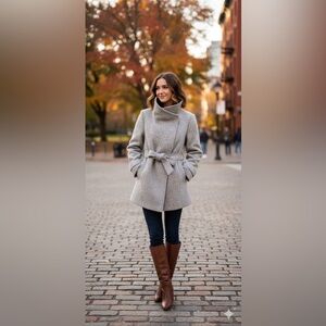 Mo-Ka Wool Wrap Belted Shawl Funnel Neck Draped Coat‎ Women’s L
